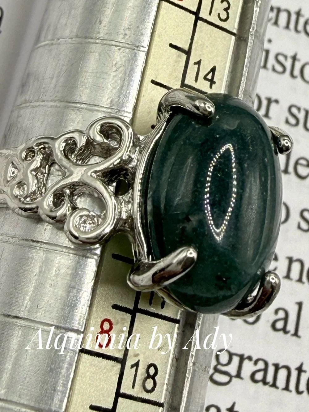 Dark Green Agate and silver Ring BOHO + Baroque